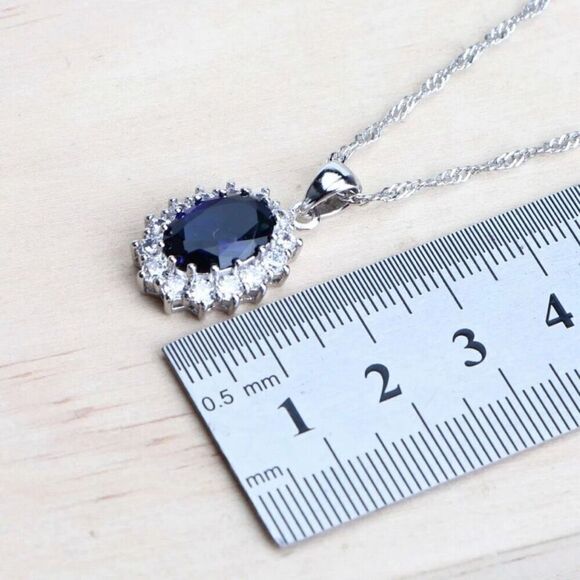 Oval Sapphire Blue CZ Stone Necklace Womens 18” W Extender Sterling Silver Chain - Picture 5 of 7